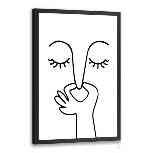 IAFWZX Wood Framed Funny Bathroom Wall Art, Abstract Humor Toilet Wall Decor, Minimalist Face Line Canvas Painting, Modern Black and White Bathroom Poster Print for Restroom Guest Bedroom 12'x16'