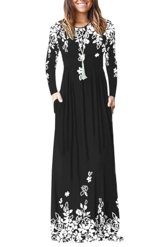 Image of AUSELILY Womens Long Sleeve Maxi Dress Casual Empire Waist with Pockets | Versatile year round long dress for spring, fall, winter, available in floral prints and solids