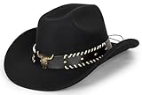 Womens Western Cowboy Hats Studded Pinched Western Cowgirl Hats Wide Brim Fedoras Hat with Belt Buckle (Size:Medium)