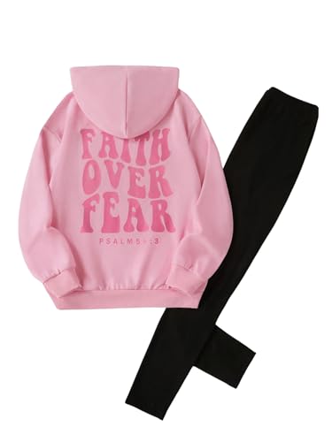 Image of SOLY HUX Girl's Sweatsuit 2 Piece Outfits Letter Graphic Long Sleeve Hoodies Sweatshirt and Leggings Pants Set Pink Letter 11Y