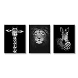 Black and White Wild Animal Wall Art Giraffe Artwork Lion Canvas Print Zebra Painting