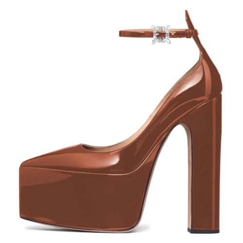 FSJ Women Pointed Toe Chunky Heel Ankle Strap Pumps High Platform Block Heel with Rhinestone Buckle Shoes Size 4-15 US3