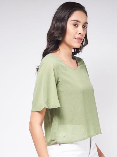 Image of Zima Leto Women's Stylish Sheer Crop Top | Trendy Solid Lightweight Blouse with Half Sleeves | Chic Casual Summer Party Top for Girls | Modern Layering Outfit for Office, Travel & Daily Fashion