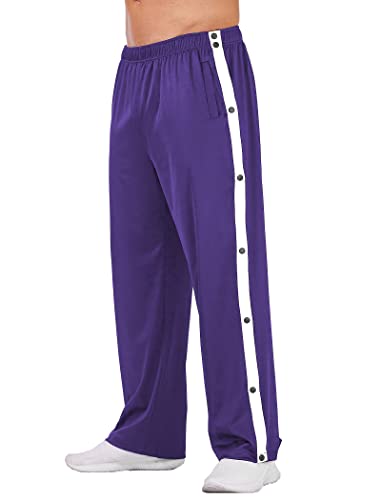 Deyeek Men's Tear Away Basketball Pants High Split Snap Button Casual Post-Surgery Sweatpants With Pockets Purple #TOP6