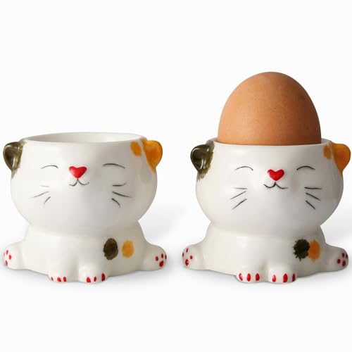 WW STYLE Set di 2 portauovo in ceramica di alta qualità, design dolce gatto, porcellana, porta uova, decorazione regalo di Natale, compleanno, famiglia, amici e bambini..