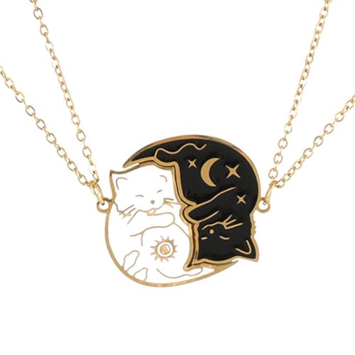 Image of Charm Stainless Steel Black White Cat Necklace 2Pcs Matching Couple Pendant BFF Jewelry Gift for Women