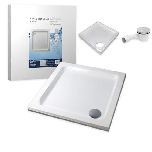 sanicomfort Duschwannen-Set Basic 90 x 90 x 6 cm - Flache Acryl-Duschtasse inkl. Styropor-Wannenträger & Ablaufgarnitur, Weiß, Komplett-Set für bodengleichen Einbau sanicomfort Duschwannen-Set Basic 90 x 90 x 6 cm - Flache Acryl-Duschtasse inkl. Styropor-Wannenträger & Ablaufgarnitur, Weiß, Komplett-Set für bodengleichen Einbau