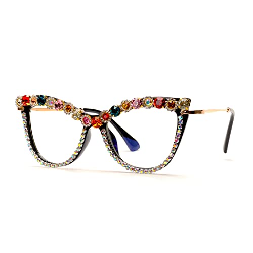 Image of Cat Eye Bling Colorful Rhinestone Reading Glasses For Women Blue Light Blocking Computer Eyewear (A diamond, 3.0)