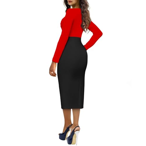 Women's Sheath Dress Long Sleeve Cowl Neck Colorblock Patchwork Ruched Midi Bodycon Dresses3