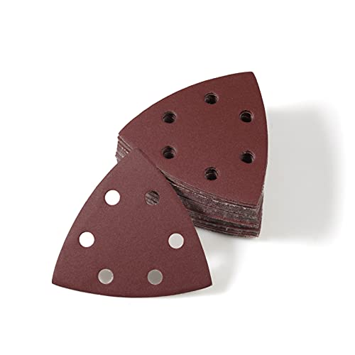 LEONTOOL 50 Pcs Triangle Sanding Pads 600 Grit 3-1/2 Inches Hook and Loop Triangle Sandpaper 6 Holes Oscillating Multitool Sanding Pads Detail Sander Sandpaper for Wood Metal Stone Polishing