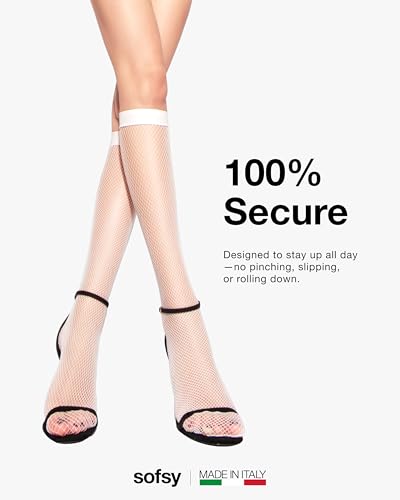 Image of sofsy Italian-Made Soft Fishnet Stockings for Women | 10-Year Hosiery Craftsmanship, Soft Dual Silicone Lace Top, Thigh Highs, Small Grid, Dig-Free, Stretchy