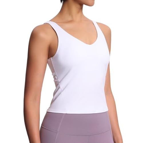 THE GYM PEOPLE Women's Longline Sports Bra Wirefree Padded Workout Yoga Tank Top White Small