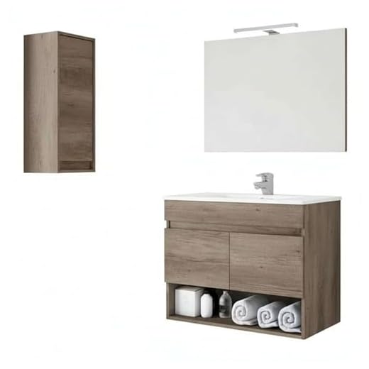 Pack Muebles de Baño con Mueble de Almacenaje Espejo Lavabo Cerámico y Armario Auxiliar con Diseño Moderno