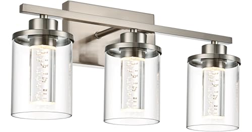 Image of 3-Light Brushed Nickel Bathroom Vanity Lights Over Mirror,Dimmable LED Wall Light Fixtures with Clear Glass Shade,5CCT Adjustable Lighting for Bedroom,Livingroom,Cabinets