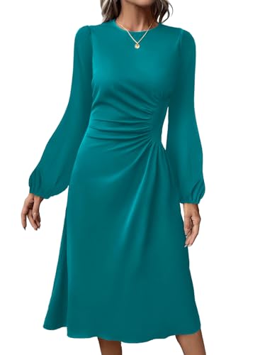 Image of Happy Sailed Women's Long Sleeve Ruched Waist Flowy A Line High Low Midi Cocktail Party Dress