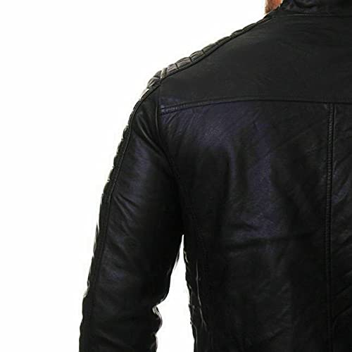 Lbskux Men Simple Faux Leather Jacket Zip-Up Stand Collar Button Motorcycle Lightweight Aviator Jackets Slim Warm Bomber Outwear Black #TOP5