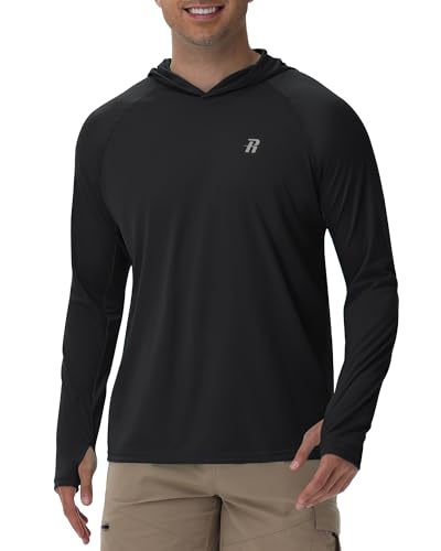 Runhit UPF 50+ Fishing Shirts for Men Long Sleeve UV Sun Protection Hoodie Outdoor Workout Hiking Running Rash Guard Lightweight Quick Dry Black L