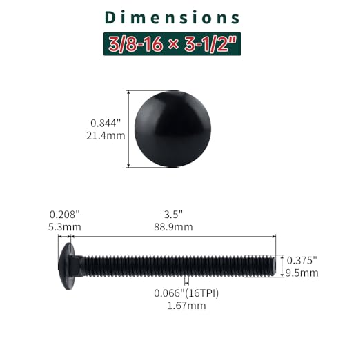 Image of 3 /8-16 x 3-1 /2 inch Black Carriage Bolts with Nuts and Washers Kits (8 Sets), 304 Stainless Steel 18 /8, Black Finish, Round Head, Square Neck, Heavy Duty Bolts, Indoor Outdoor Fastening Bolts, Fayeploo