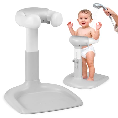 Image of Baby Shower Standing Support with Anti-Slip Base and Shower Head Holder, Adjustable Height /Width Baby Bath Stand, Easy to Install and Use Toddler Stand Up Shower Rack for 6-36 Months, Gray