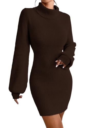 Image of Turtleneck Sweater Dress for Women Lantern Sleeve Mini Bodycon Ribbed Knit Sweater Pullover Short Dresses XS-XXL