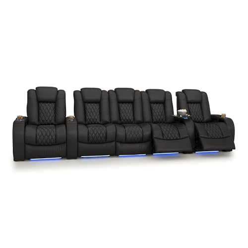 Image of Seatcraft Diamante Black Italian Leather Home Theater Seating, Zero Gravity Power Recliner Gaming and Home Office Chair, Powered Headrest Lounge Sofa Furniture for Cinema Room, Row of 5 Sofa