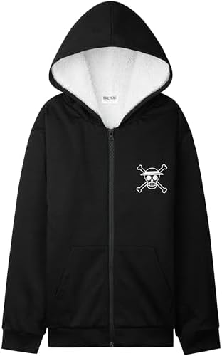 One Piece Moletom com capuz masculino sherpa com zíper, Preto, 13