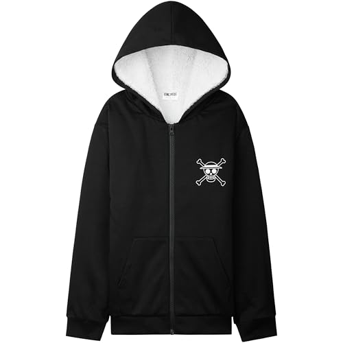 One Piece Hoodie for Boys, Teens, 9-16 Years, Fleece Sweatshirt, Sherpa Hooded Jacket, Zip Up Hoodie, Anime Gifts for Boys (9-10 Years, Black)