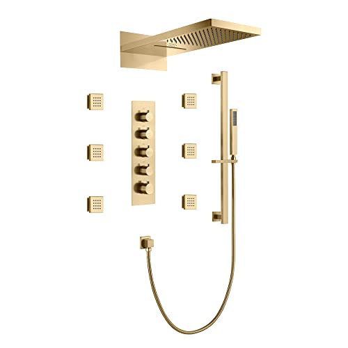 Cascada ducha LED 9"x22" montada en pared con altavoces Bluetooth integrados, 4 funciones (Lluvia, Cascada, jets corporales y ducha manual) (Latón antiguo)