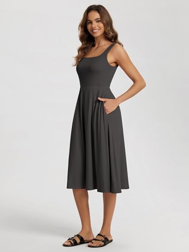 Image of ODODOS Square Neck Midi Dress with Pockets for Women Summer Casual Sleeveless Sundress Flare Tank Dress