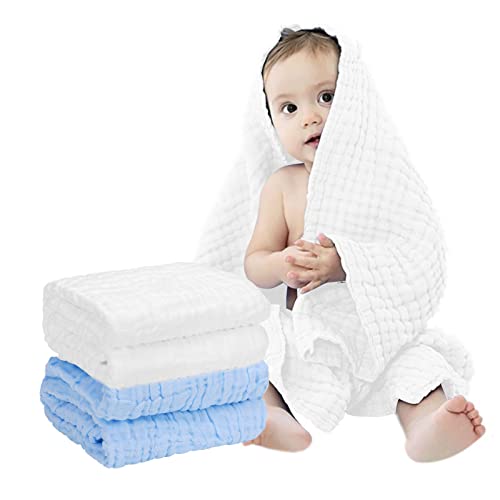 FOOK FISH Muslin Baby Towel 2 Pack Super Soft Cotton Gauze Baby Bath Towel 6 Layers Infant Towel Newborn Towel Blanket Suitable for Baby’s Delicate Skin 40 x 40inches Blue&White(2 pcs)