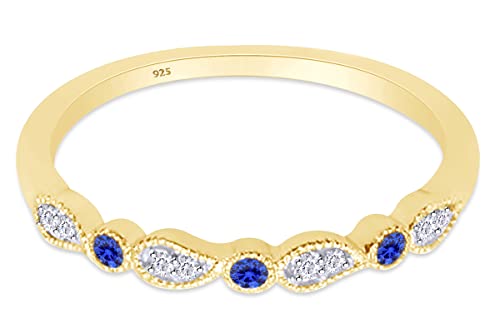 AFFY Round Cut White Natural Diamond & Simulated Blue Sapphire Stackable Leaf Wedding Band Ring In 14K Gold Over Sterling Silver For Women (Clarity : I2-I3, Color : I-J, 0.12 Cttw)3