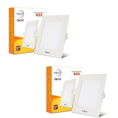 Image of wipro Garnet 16W Square LED Slim Plus Panel | Coolwhite Light(6500K)| Ultra-Slim Design | Aluminium Housing | Flicker Free Design | Recessed Down Light for False Ceiling |Cutout - 100mm |Pack of 2