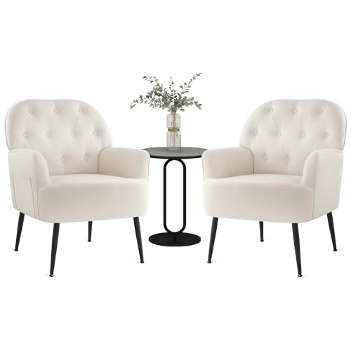 IWMH Sessel Wohnzimmer Schlafzimmer, Lazy Lounge Cocktailsessel Bequemer mit Armlehnen und Einer Seitentasche, Leinen Modern dreh Polster Lesesessel mit Metallbeinen (Beige*2)