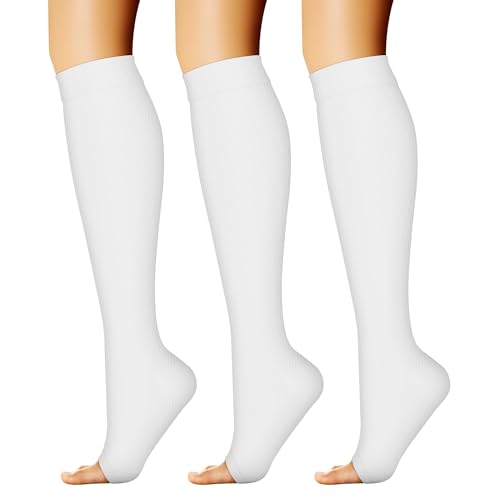 Image of CHARMKING 3 Pairs Open Toe Compression Socks for Women & Men Circulation 15-20 mmHg is Best Support for All Day Wear, 05 White /White /White, Large-X-Large