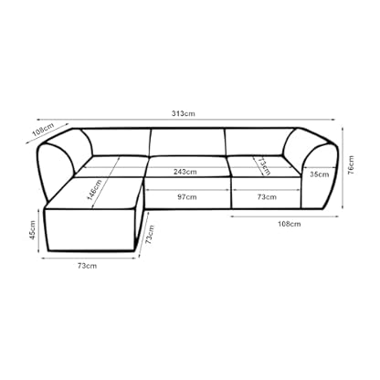 [en.casa] Modular Sofa 3-Sitzer Hurvas mit Longchair Wohnzimmer Couch Bouclé Polstersofa 2 x Eckelement mit Armlehne 1 x Mittelelement 1 x Hocker Relaxsofa 76 x 313 x 181 cm Cremeweiß – Bild 3