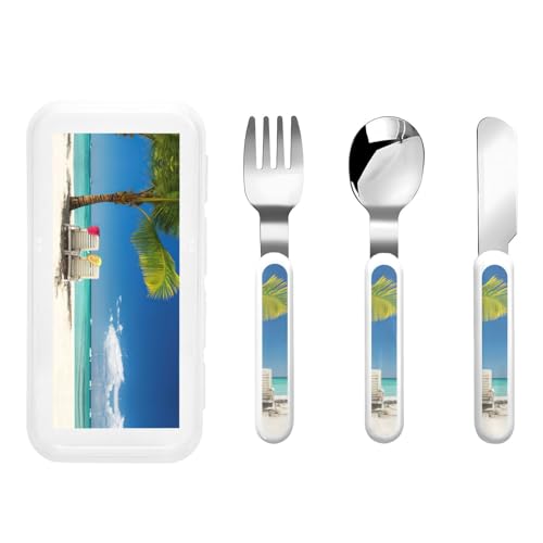 Juego de cubiertos con diseño de sillas de palmera de playa, barcos, cucharas y tenedores seguros, cuchillo de acero inoxidable, lavavajillas