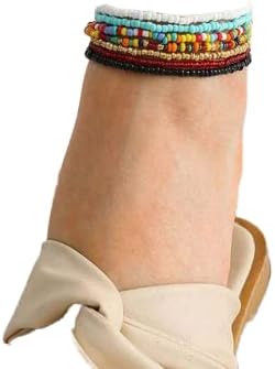 Boho Handmade Beads Multilayered Women Anklets Colorful Women Ankle Bracelets Beaded Bracelet Elastic Foot and Hand Chain Jewelry (7Pcs)(Set-1)