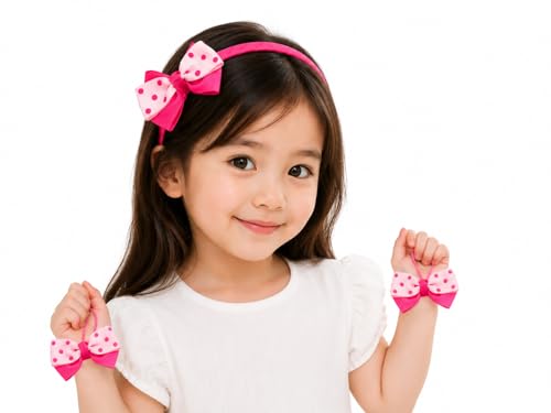 Image of BABIES BLOOM Designer Red Hair Bow, Baby Headband and Hair Accessory Set (Set of 5) (Dark Pink Light Pink with polka dots)