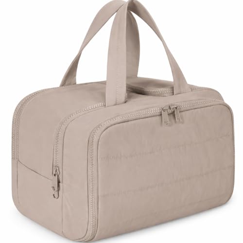 Image of Travel Makeup Organizer Bag for Women | Waterproof Toiletry Bag with Wet & Dry Separation | Large Capacity Cosmetic Storage Pouch with Dual Zippers (Brown)