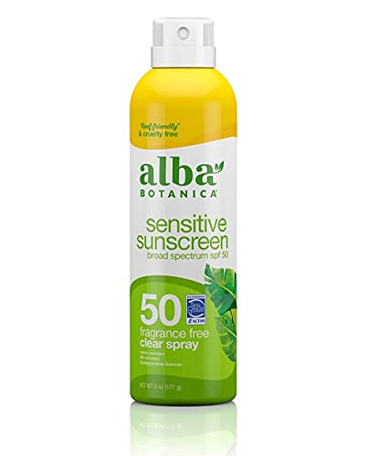 Alba Botanica Sensitive Sunscreen Spray for Face and Body, Fragrance-Free, Broad Spectrum SPF 50, Water Resistant, 5 fl. oz. Bottle