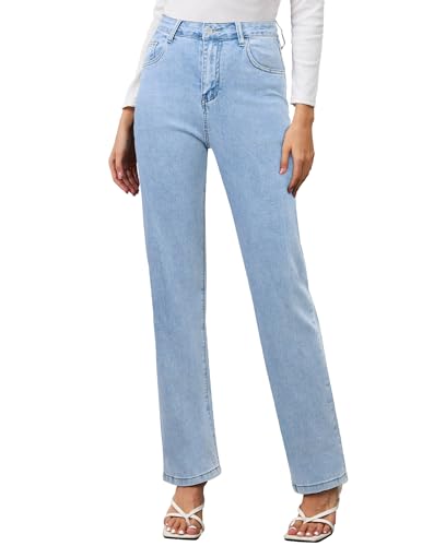 AMPOSH Women’s High-Rise Straight Leg Jeans - Comfortable Stretch Denim Classic Fit Casual & Work Pants(Skyline Light Wash, 8)