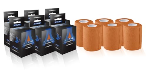 Image of A-Tape Breathable Self Adhesive Cohesive Bandage Wrap - Athletic Non-Woven for Sports, Medical Use, Injuries, Knee & Wrist Support - Suitable for Humans & Pets (Orange, 7.5 cm Pack Of 6) | Cohesive Bandage