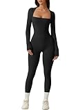 QINSEN Woman's Solid Black Sexy Square Neck Long Sleeve Jumpsuit for Fall Winter Causal L