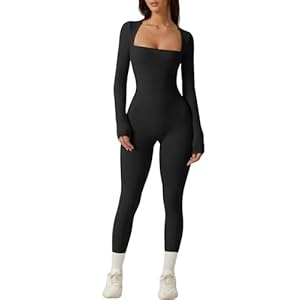 QINSEN Womens Sexy Square Neck Long Sleeve Full Length Leggings Bodycon Stretch Jumpsuit