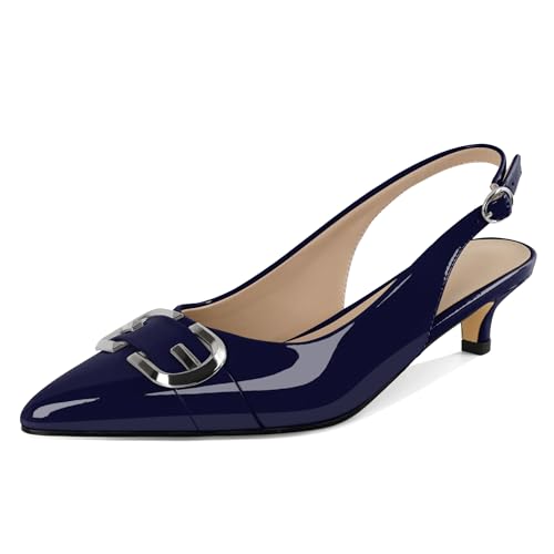 Navy Heels for Women Slingback Heels Kitten Heel Pumps with Mental Buckle Pointey Toe Heels Comfortable Casual Pumps Patent Leather US Size 9