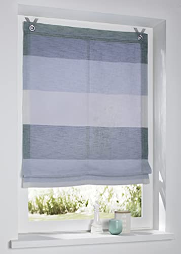 Raffrollo Ösenrollo Marit grün/Aqua/Creme gestreift Leinenoptik Blickdicht Breite 100 cm x Höhe 120 cm, incl. Fensterhaken