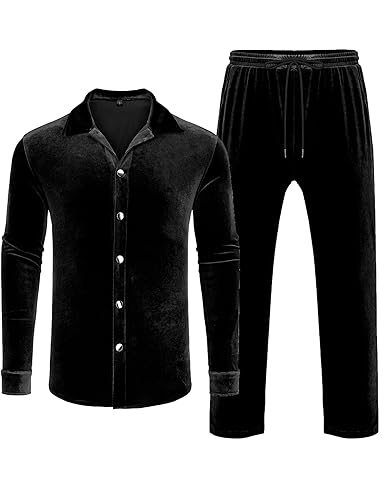 LecGee Men Fall Casual Sets Velvet Long Sleeve Button Down Shirt Elastic Waist Velour Pants 2 Piece Outfits Tracksuit4