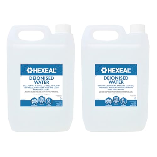 Hexeal Deionised Water 10L 10L of Deionised Water for Steam Irons Car Batteries Windscreen Fluid & Antifreeze Demineralised Water Reduces Limescale Deposits & Water Stains For Lab Use
