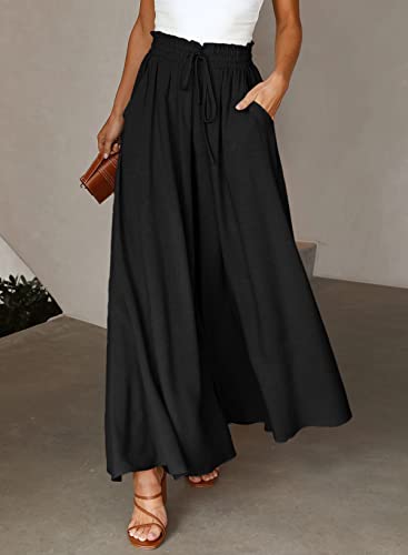 Cyparel Women's Boho Palazzo Pants High Waisted Flowy Wide Leg Chiffon Dress Pant Flare Elastic Waist Summer Trousers Black #TOP6