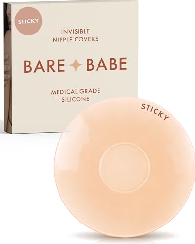 Bare Babe Sensitive Adhesive Silicone Nipple Covers for Women in 5 Shades - Adhesive-Free Center - Reusable Sticky Bra Sticky Boobs Nipple Pasties (Creme Small)